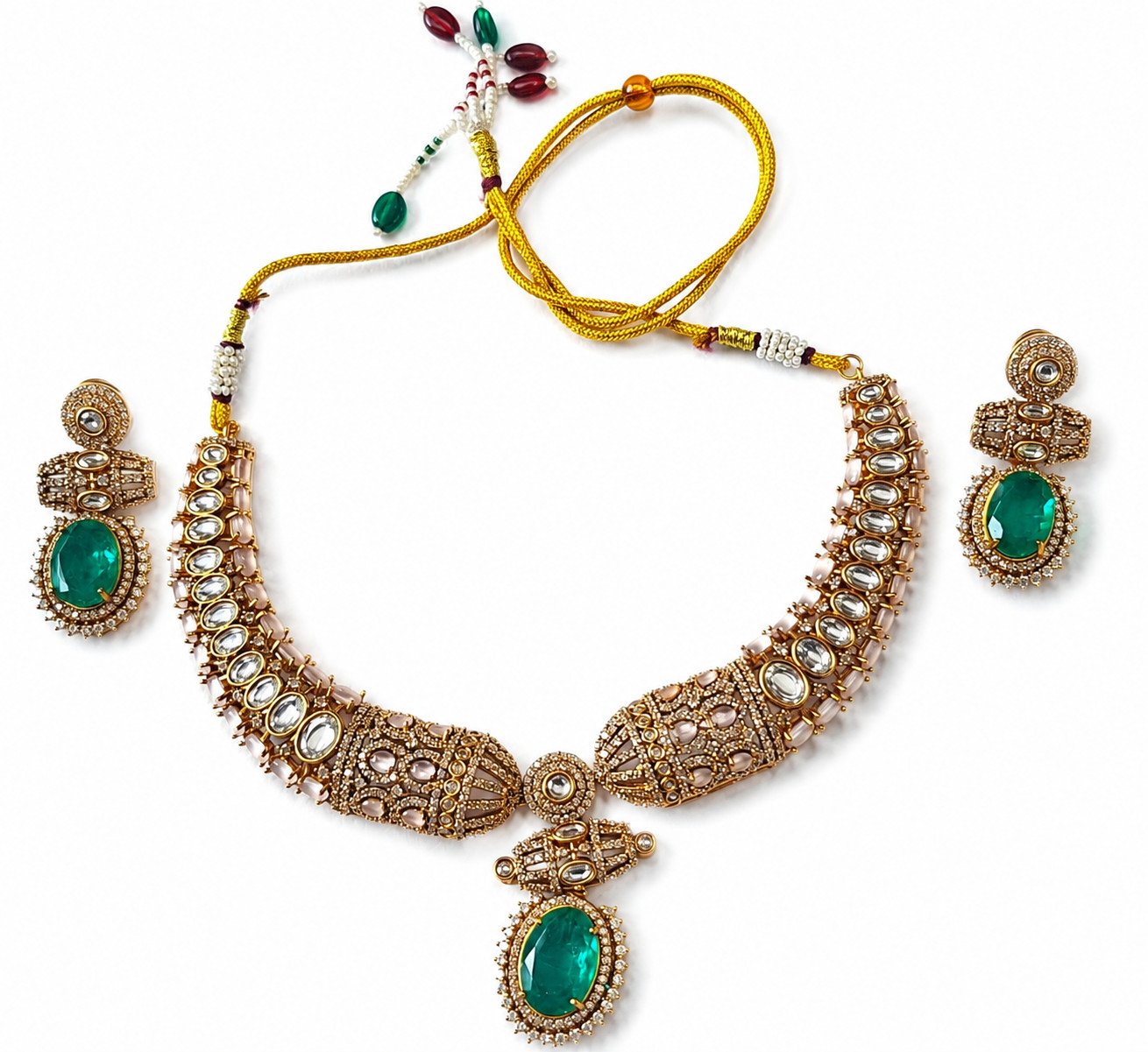 Indian Kundan Necklace Set Green Pendant Earrings Gold Plated Bridal Jewelry 101