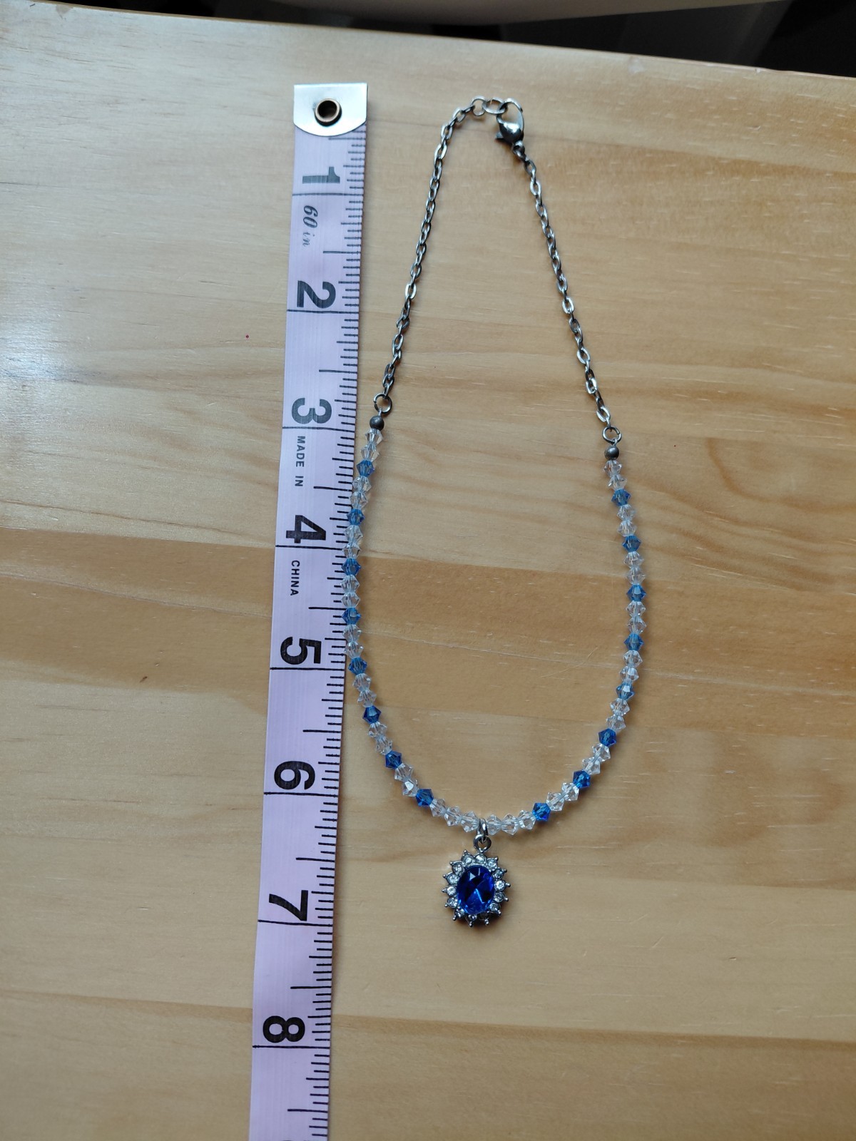 Faux Blue Sapphire Gemstone and Blue/Clear Crystal Bead Silver Tone Necklace