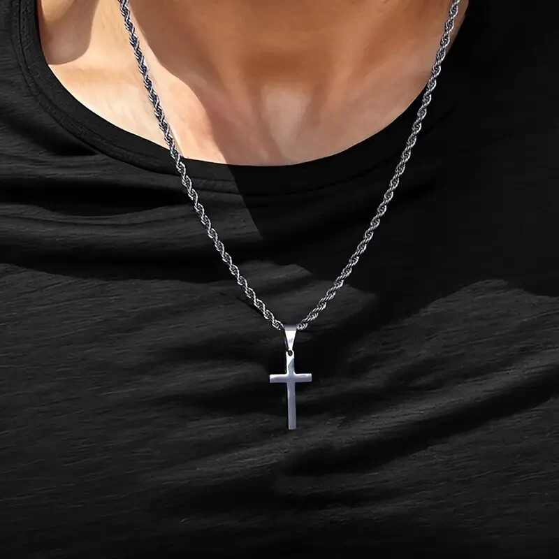 Men’s Cross Pendant Necklace Simple Rope Chain Hip Hop Jewelry Gift