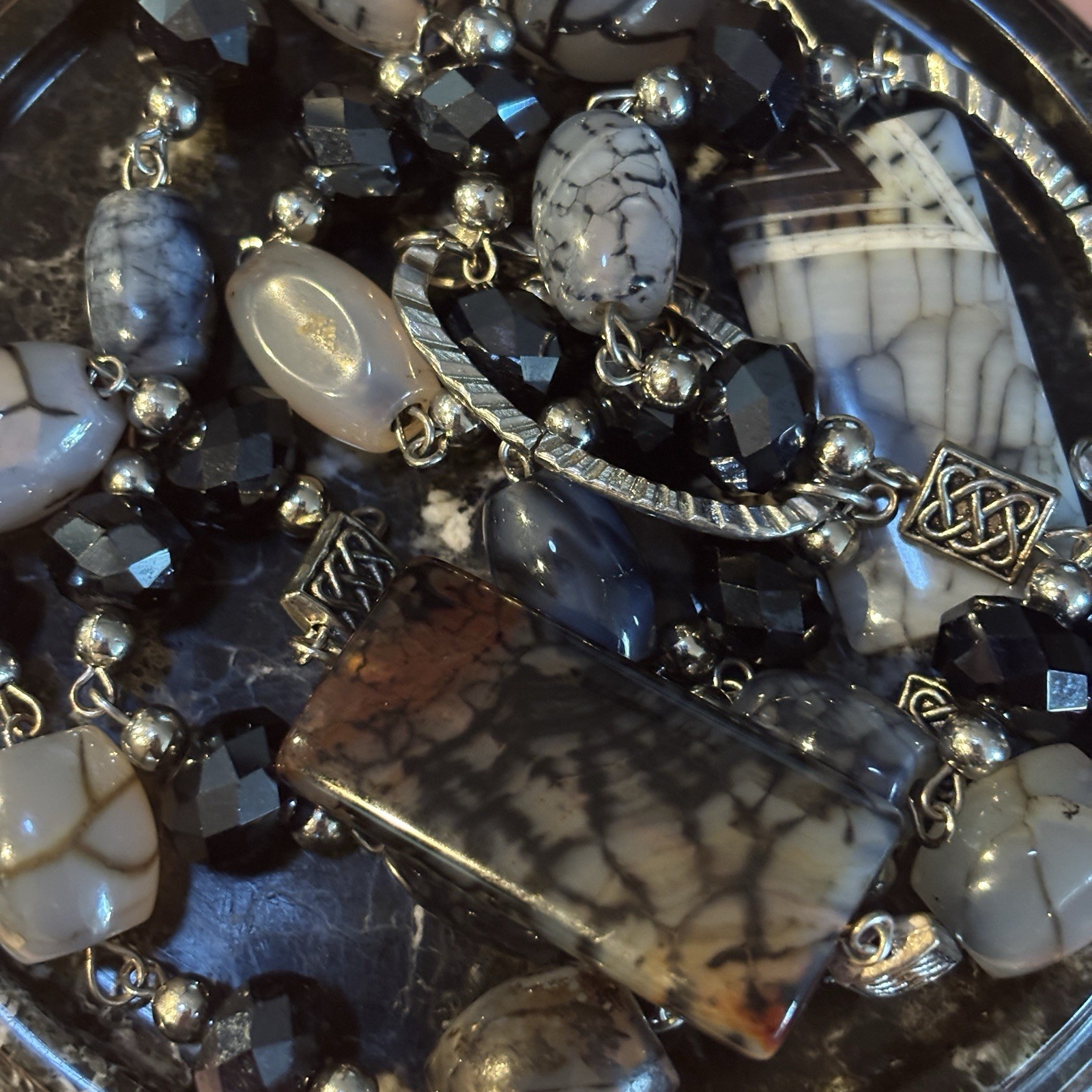 Vintage Boho Long Silver Chain Necklace Mixed Grey Black Agate Stone Beads 32”