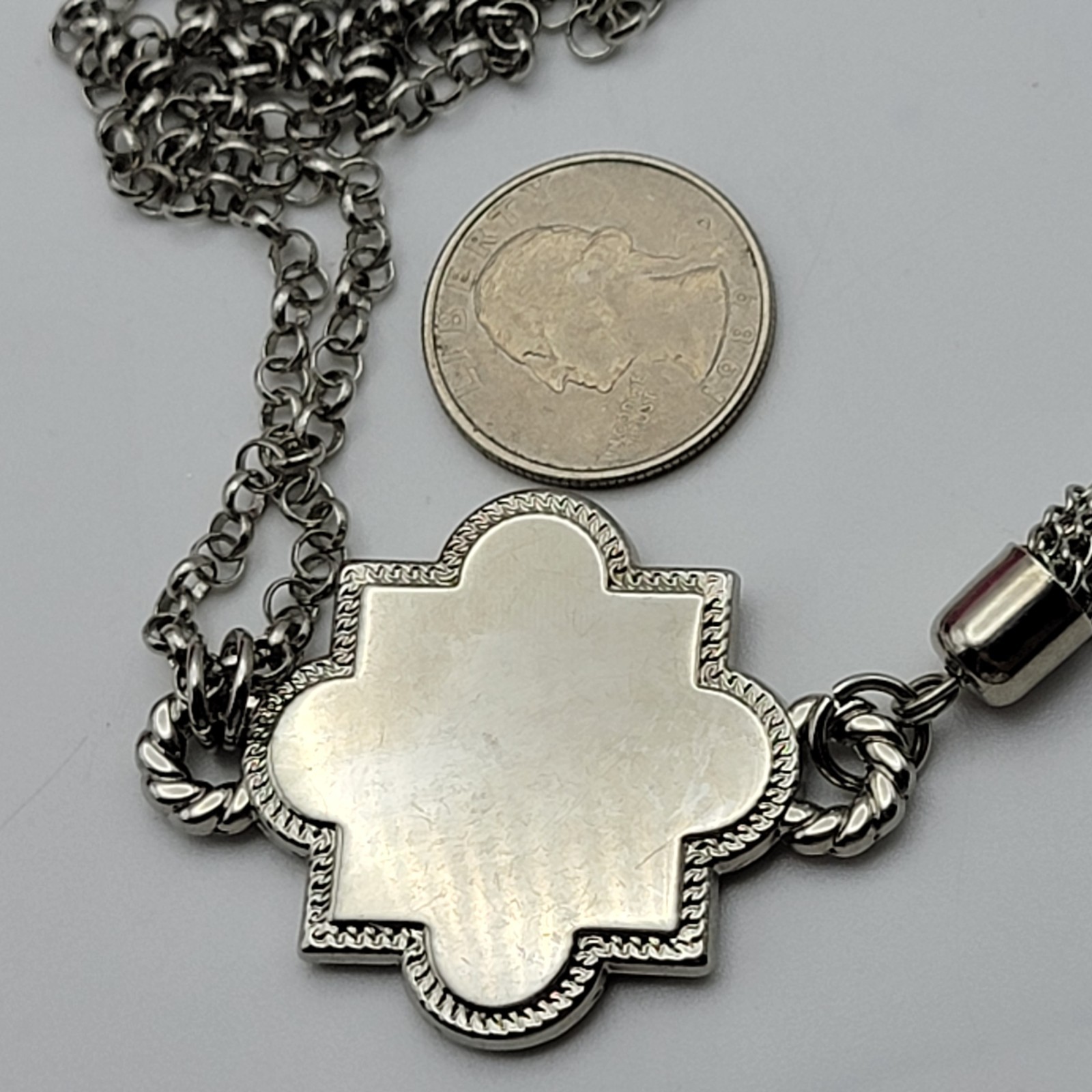 Initials HBF Engraved Quatrefoil Tassel Necklace Silver Tone 35” Adjustable