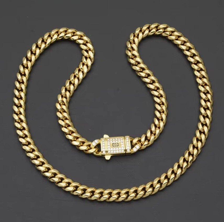 Stainless Steel 14k Gold Plated Miami Hip Hop Cuban Link Chain Necklace Bracelet