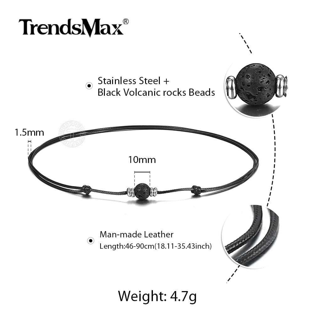 Black Lava Rock Bead Charm Leather Rope Choker Necklace 35-70″ (adjustable)