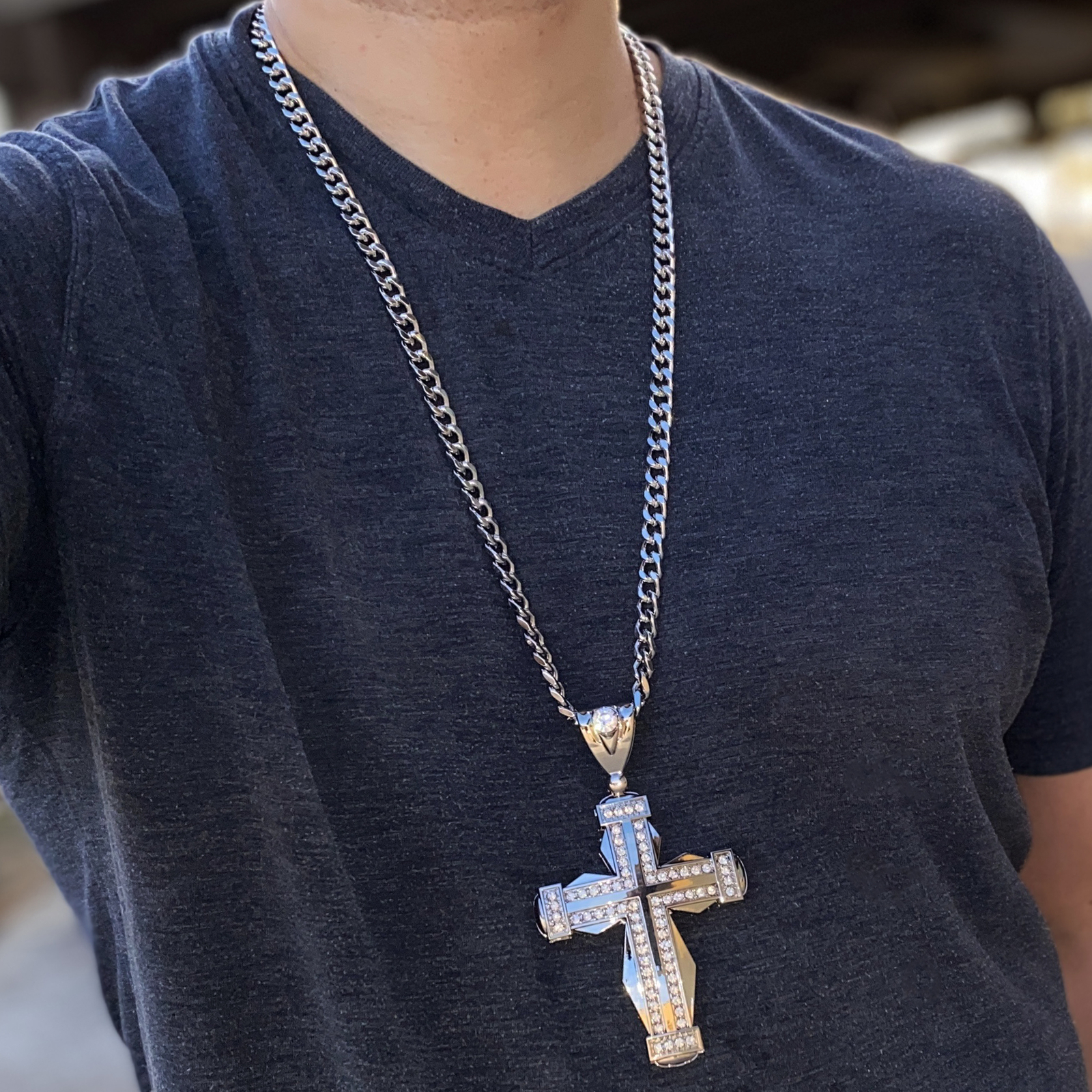 Men Huge Double Cross Pendant Jesus Necklace Silver Tone Hip Hop Cuban Chain 30″