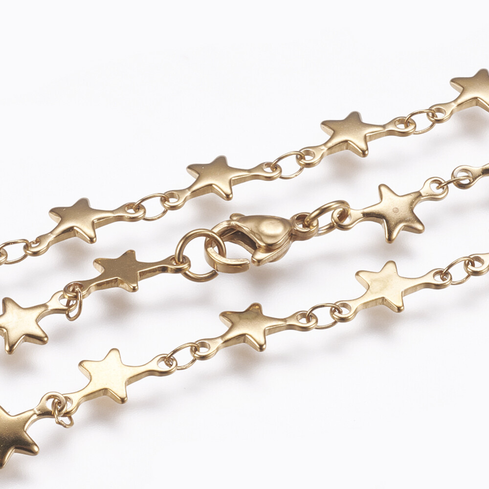 304 Stainless Steel Chain Necklaces Lobster Clasp Star Gold 17.7″(45cm)  P673