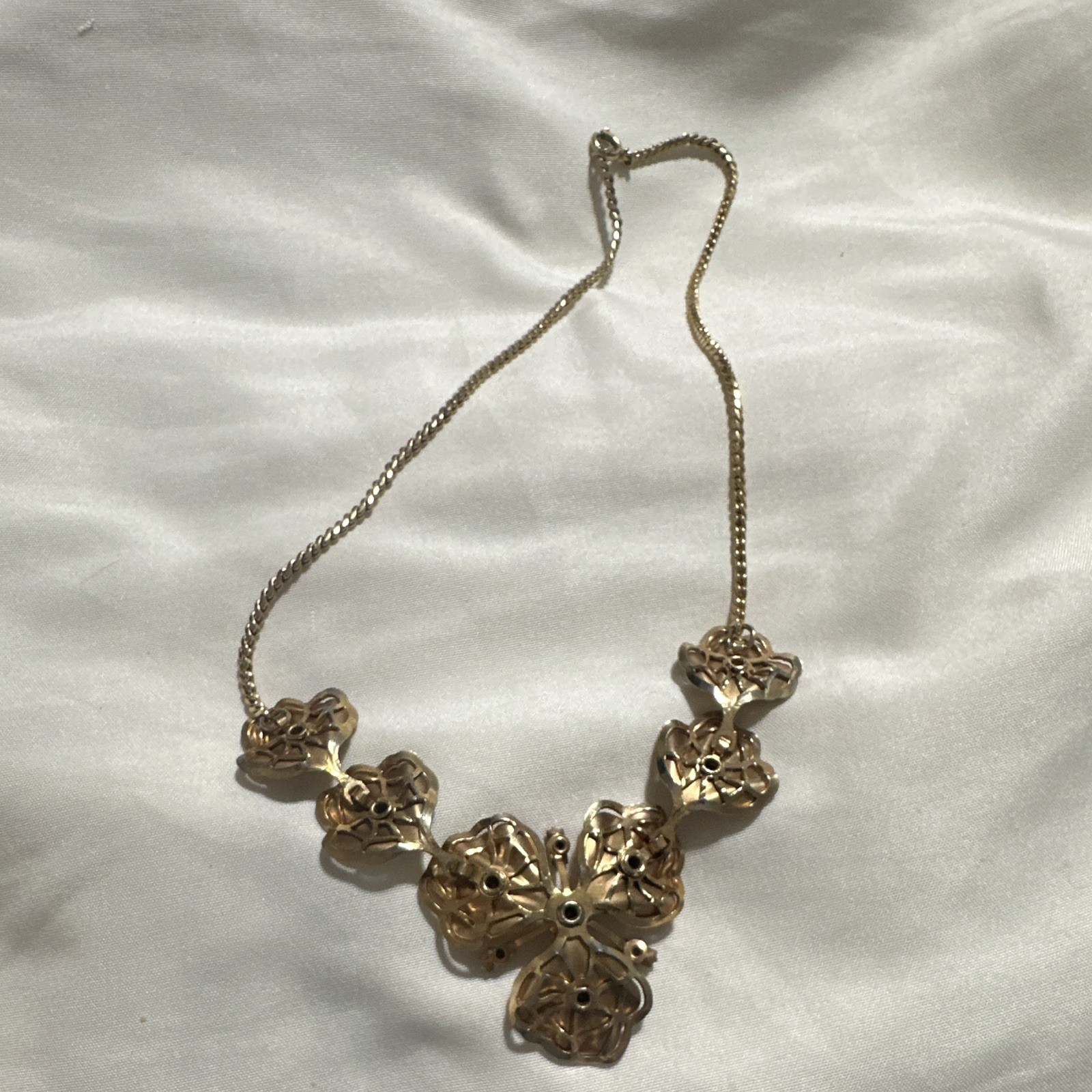 Gold Tone Metal Flower Pendant Necklace Blue Round Crystal Accents Snake Chain