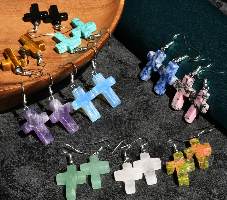 10 Pairs 24x18mm Natural Mixed Gemstone Cross Pendant Beads Earring