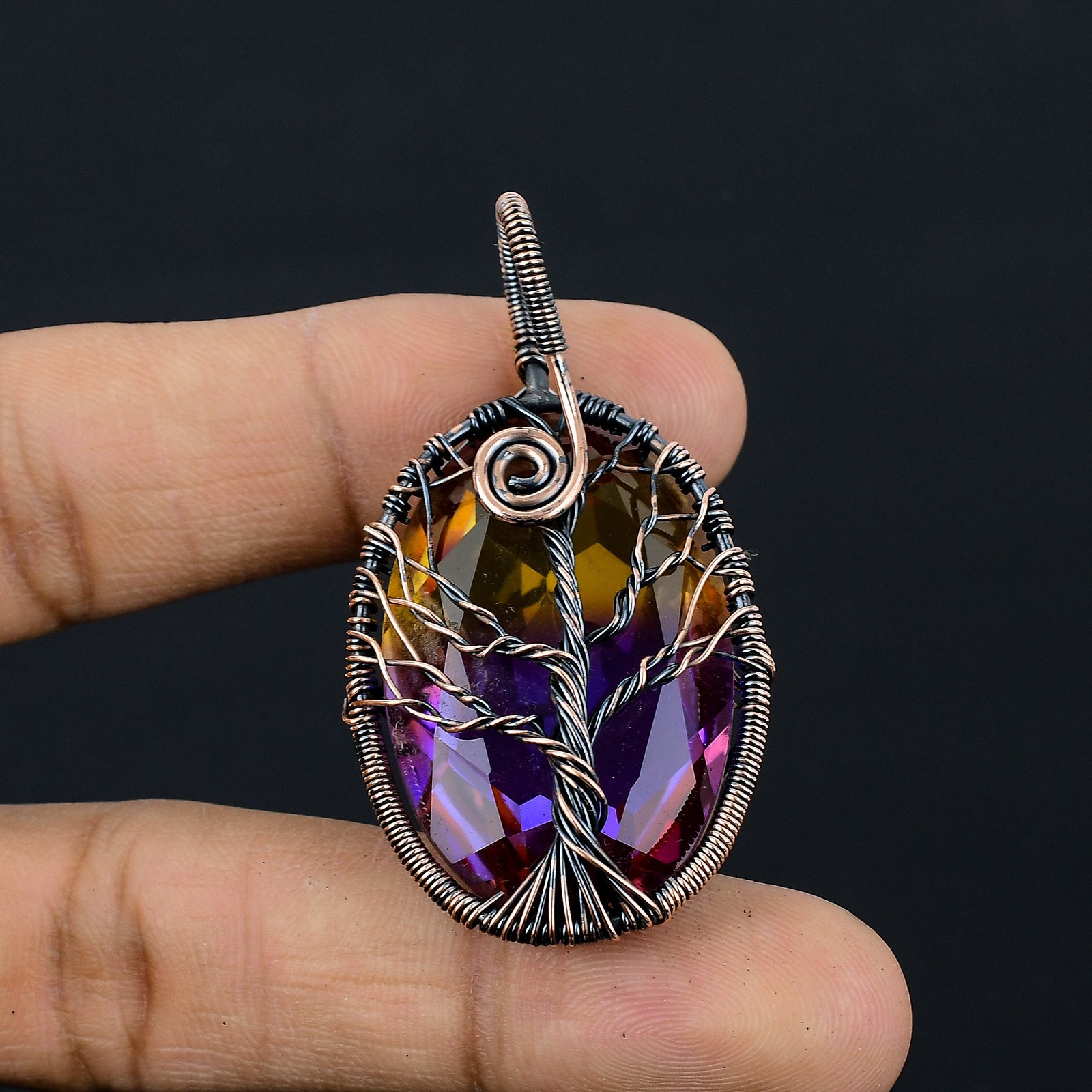 Bi Color Tourmaline Gemstone Copper Wire Wrap Jewely Pendant 2.2″ f161
