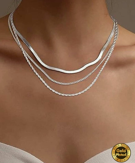 Layered Gold Plated Stainless Steel Necklace 3 Necklaces Snake Rope Twist Chains