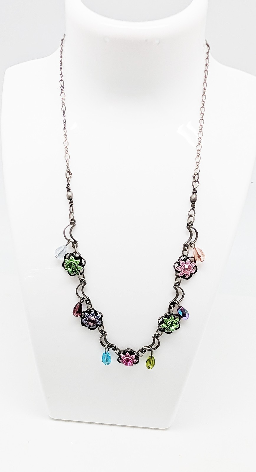 DESIGNER INSPIRED MULTI COLOR CRYSTAL FLORAL ENAMEL SILVER TONE DANGLE NECKLACE