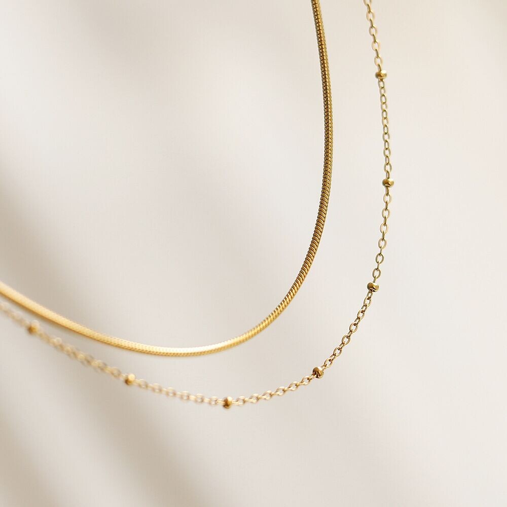 Woman 18K Gold Plated Stainless Steel 2 layers Beaded Snake Chain Necklace