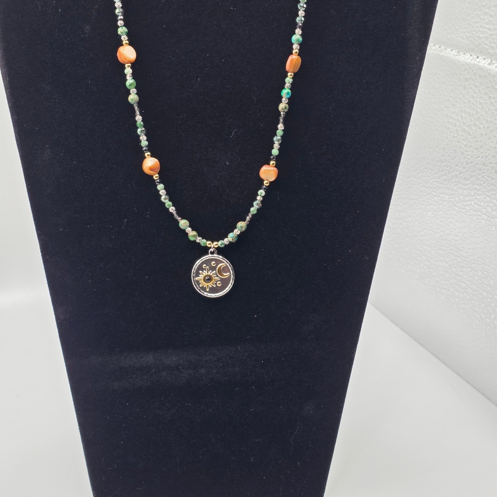 Bohemian Celestial Sun Moon Beaded Necklace Orange Shell Turquoise Stone Pendant