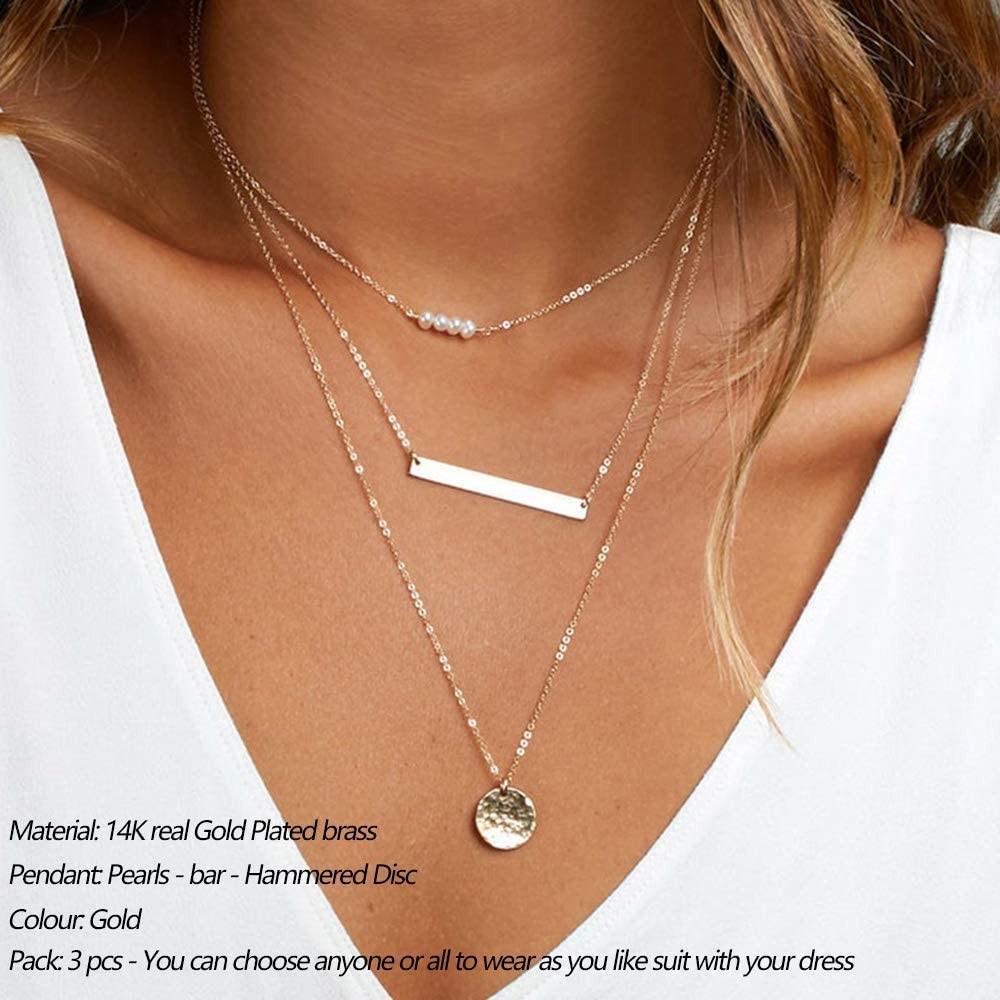 Dainty Layered Choker Necklace, Handmade Y Pendant & Bar Disc, Adjustable Jewelr