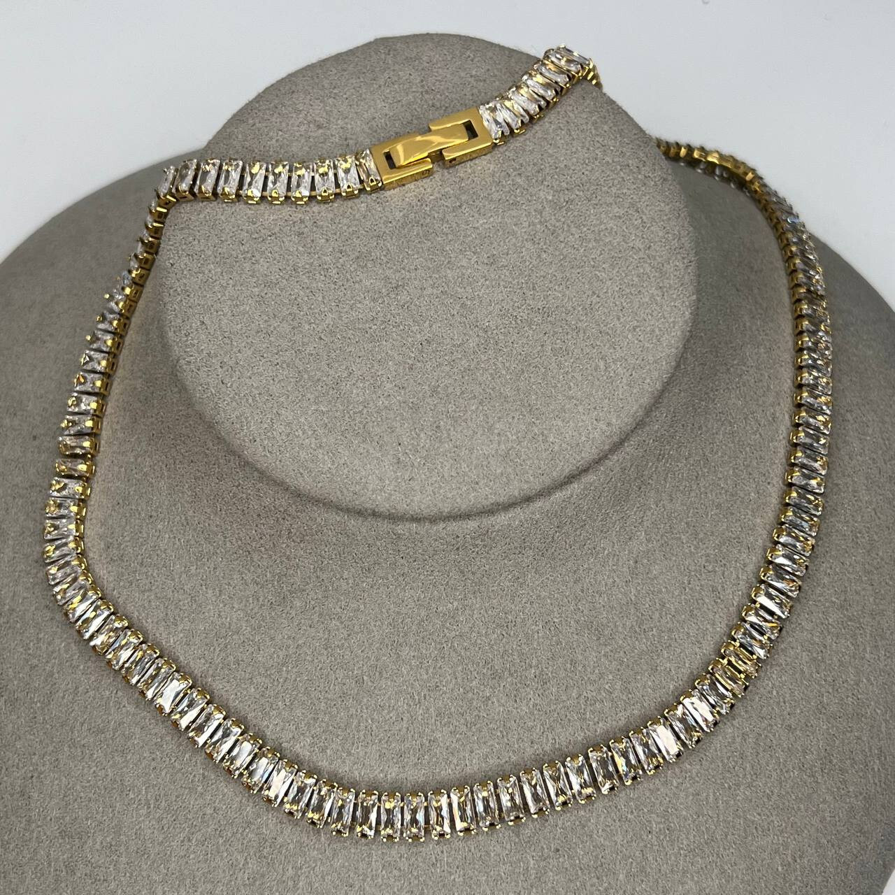 Gold Baguette Tennis Necklace Gold Stainless Steel Crystal Choker Necklace