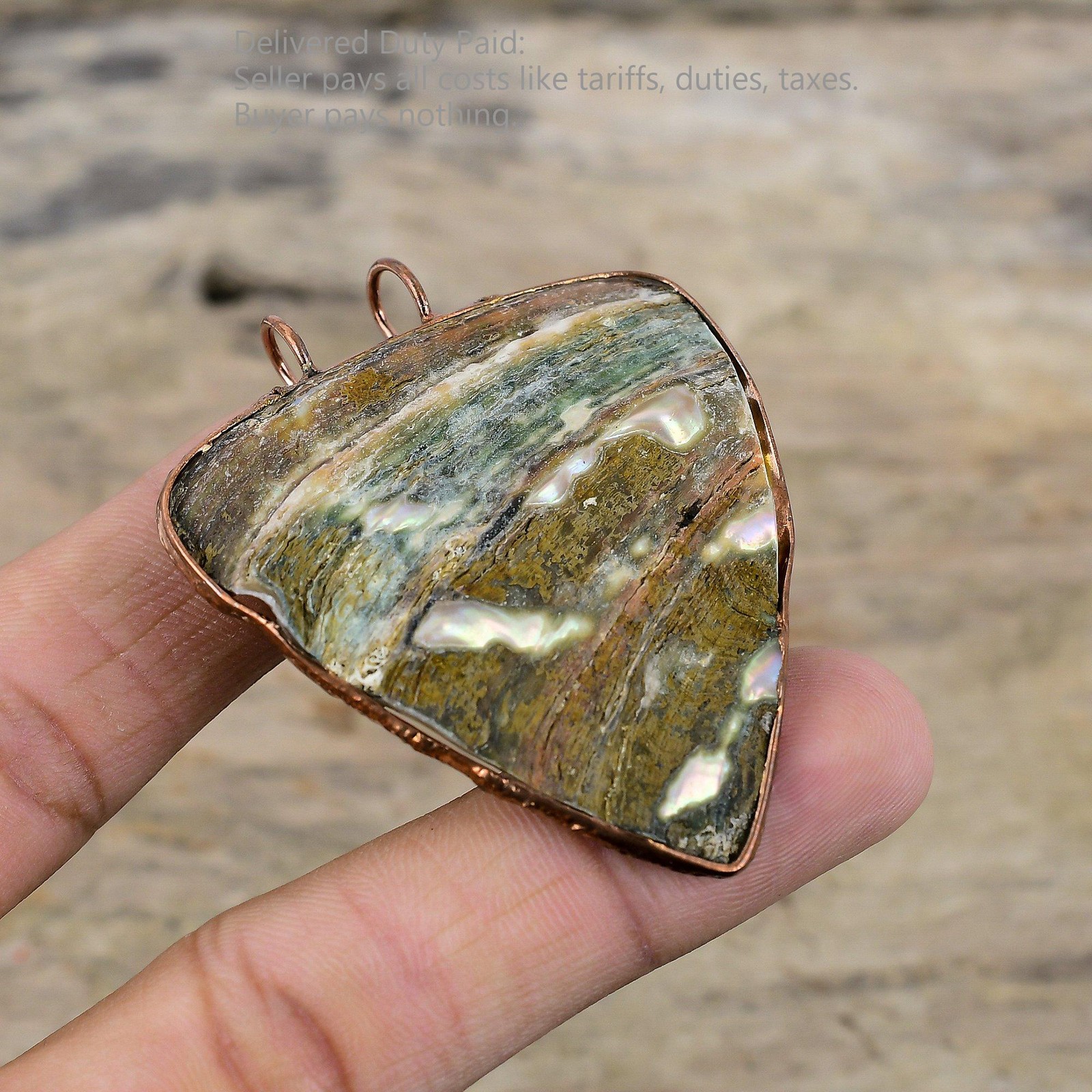 Trillion Abalone Shell Rough Stone Copper Daughter Electroformed Wedding Pendant
