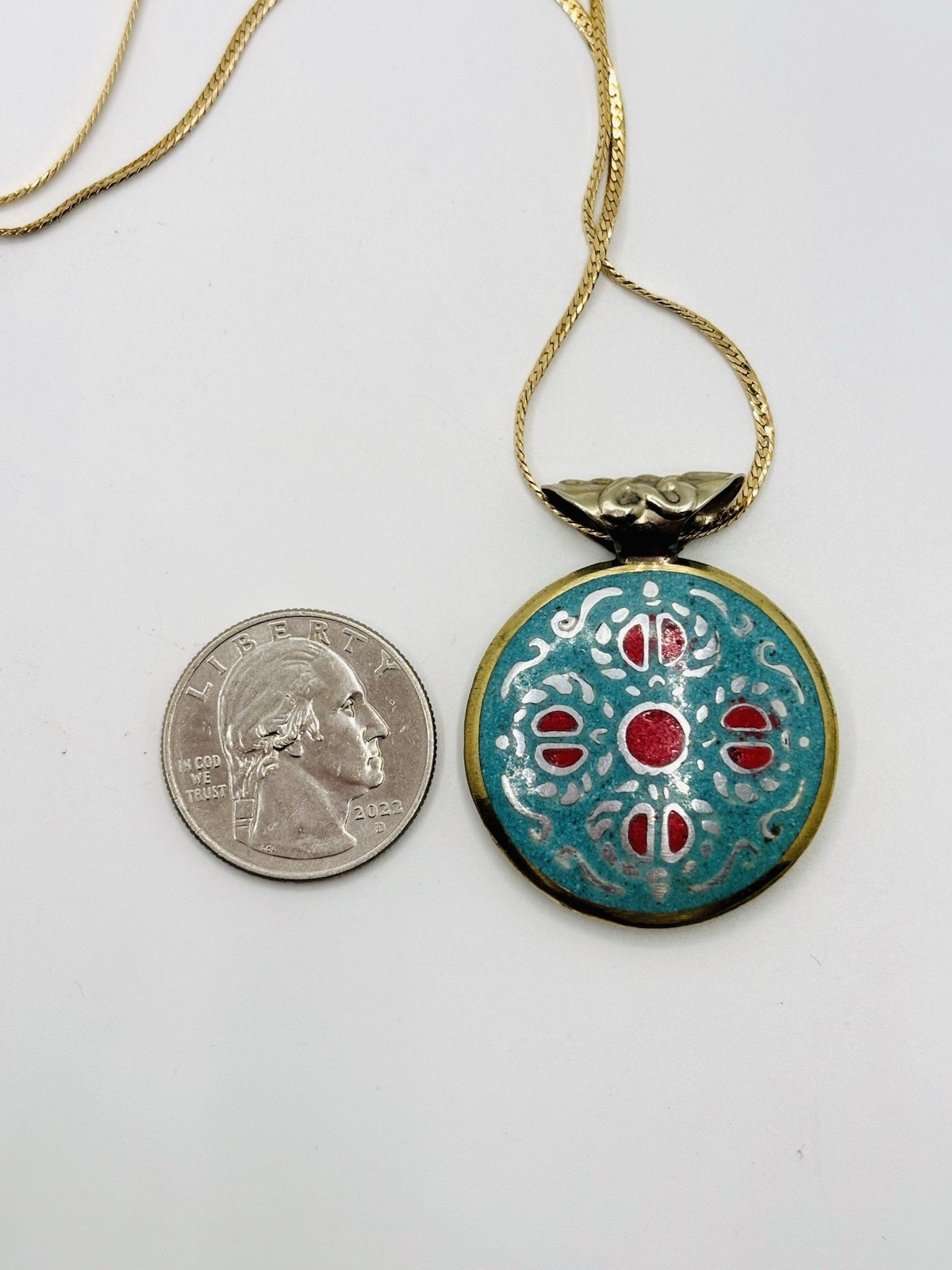 Symbolic Double-Sided Inlay Nepal Amulet Buddha Kathmandu Pendant Necklace