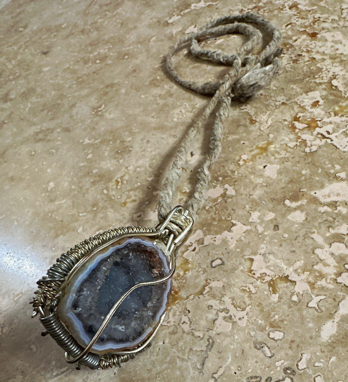 Handcrafted Necklace, Wire Wrapped Agate Druzy Pendant on Hemp Cord (from CO)