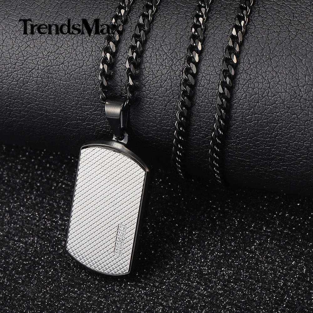 Silver Stainless Steel CZ Dog Tag Pendant Necklace Army Military Graduation Gift