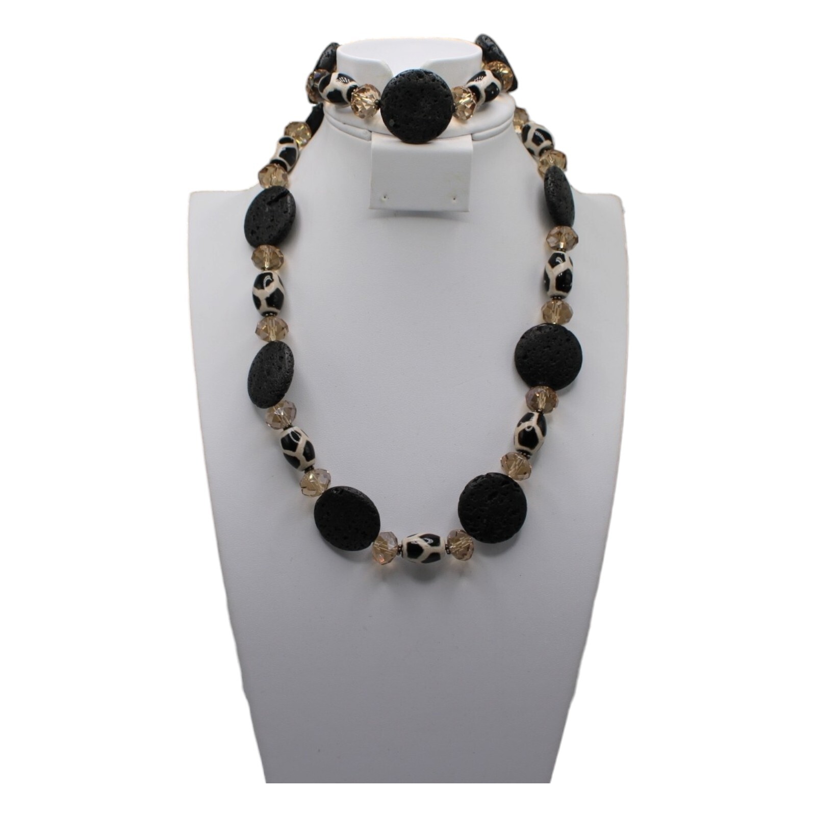 Donna Dressler Black and White Lava Rock Beaded 925 Silver Necklace Bracelet