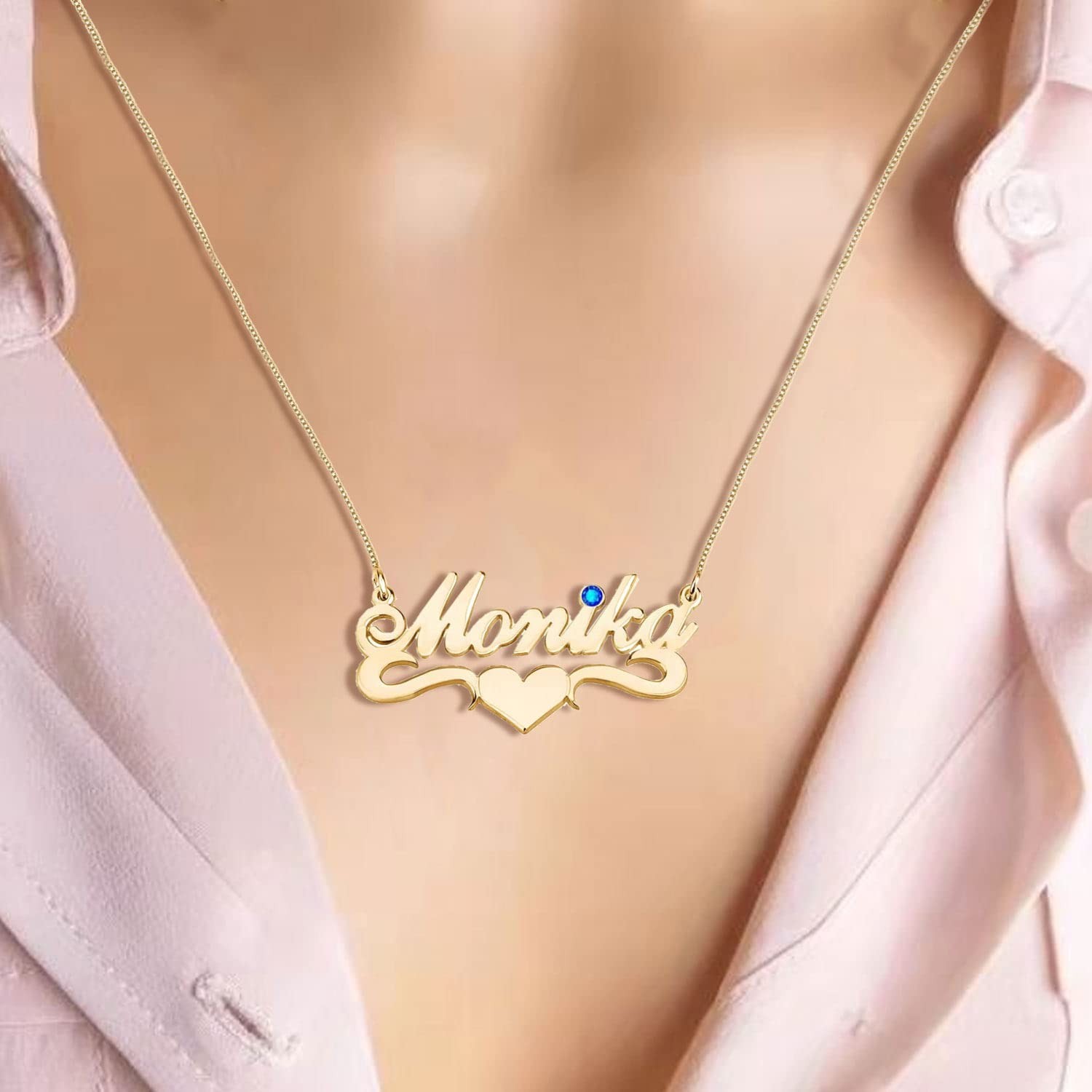 Personalized Birthstone Name Necklace with Heart Custom Jewelry Gift for Women