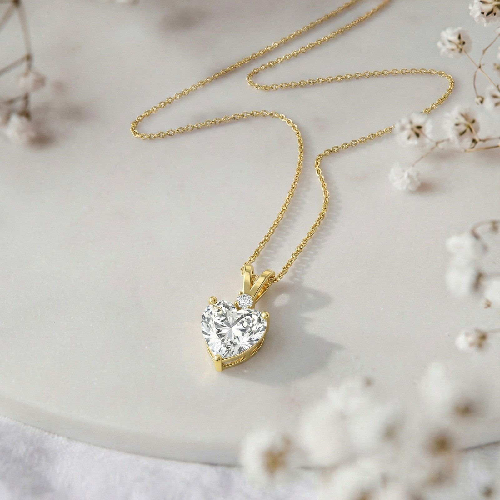 Gold Heart Necklace with Simulated Diamond, Romantic Diamond Pendant For Women