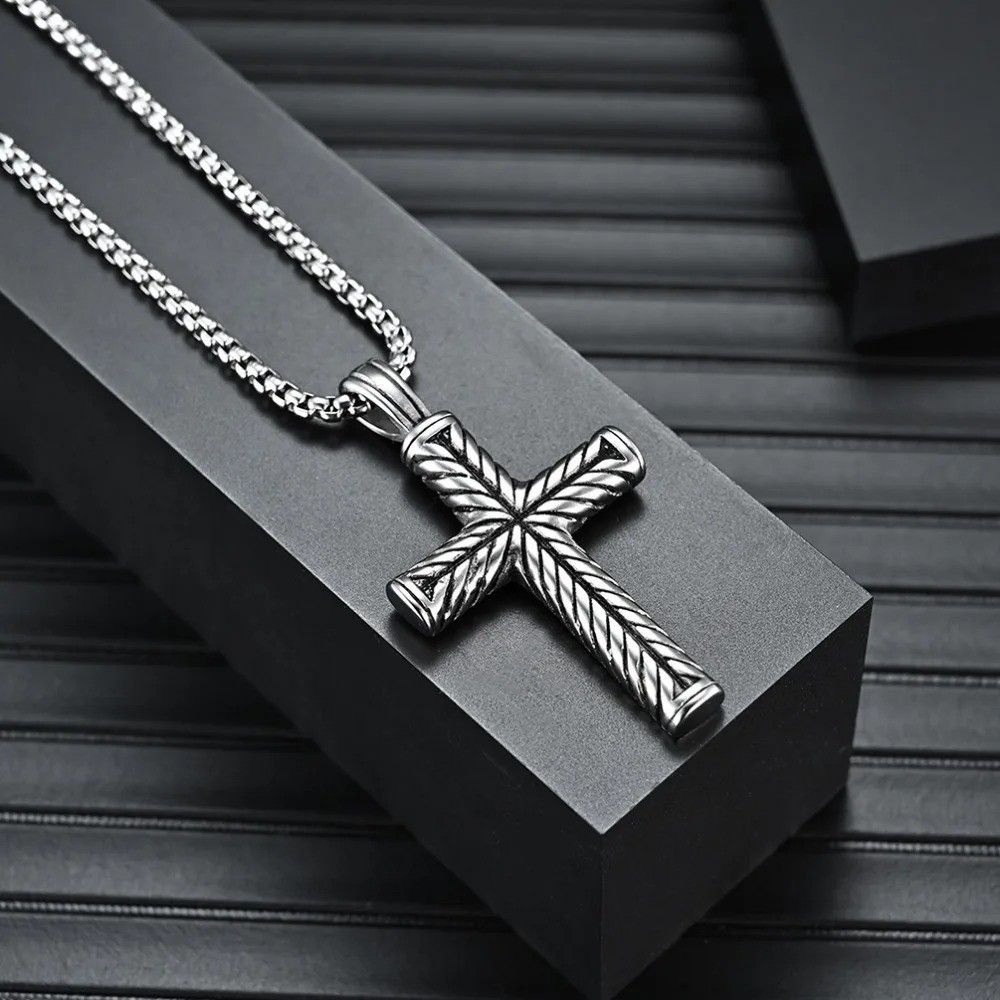Boys Mens Stainless Steel Vintage Cross Pendant Necklace Men Women Silver