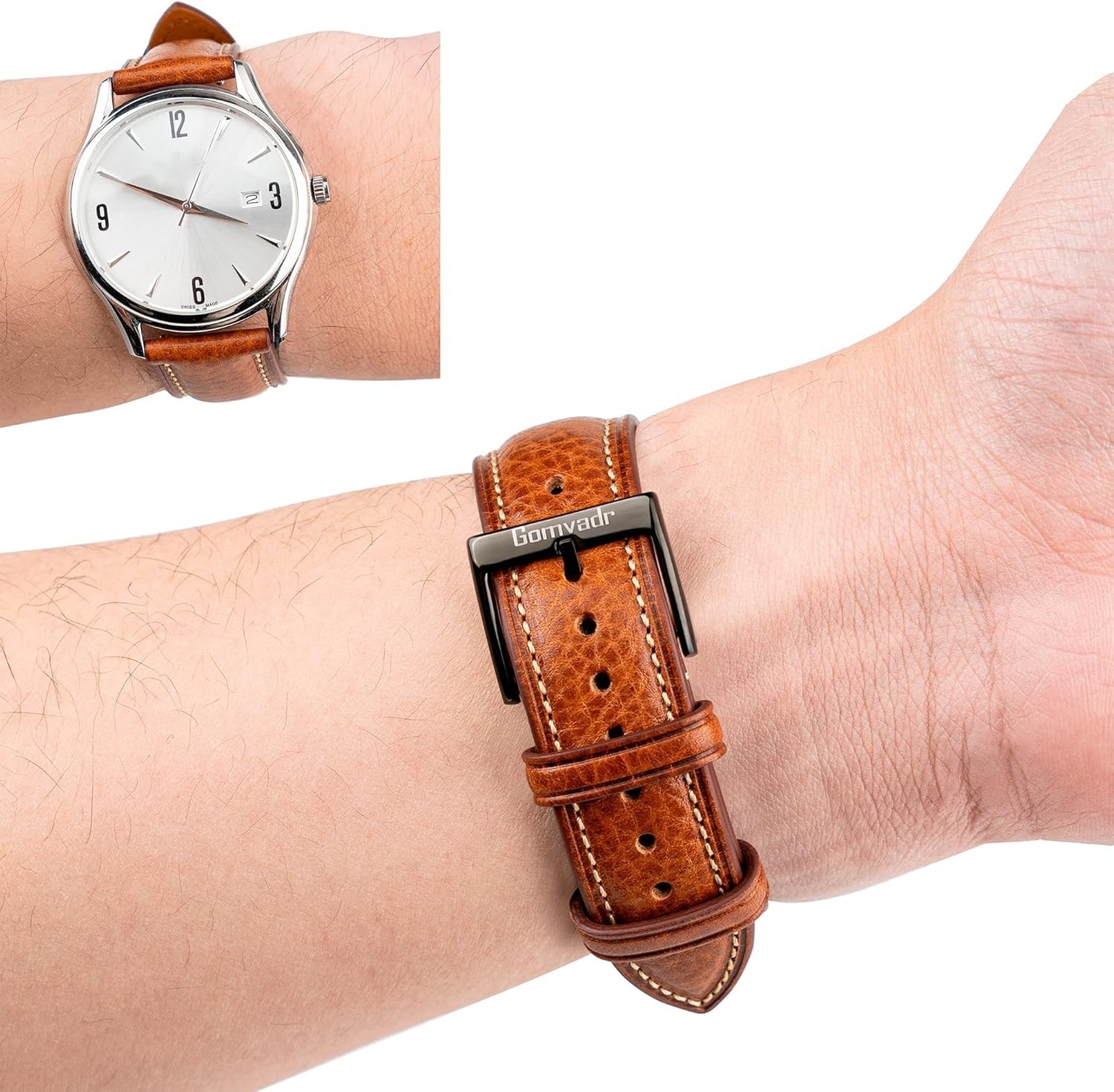 Watch Band Italian Leather Strap 18mm Cognac Silver Buckle Gomvadr Tuscany 18mm