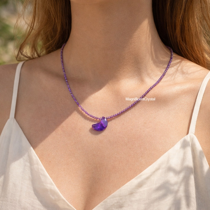 Genuine Amethyst Moon Pendant Choker Dainty Purple Crystal Necklace Women Gift