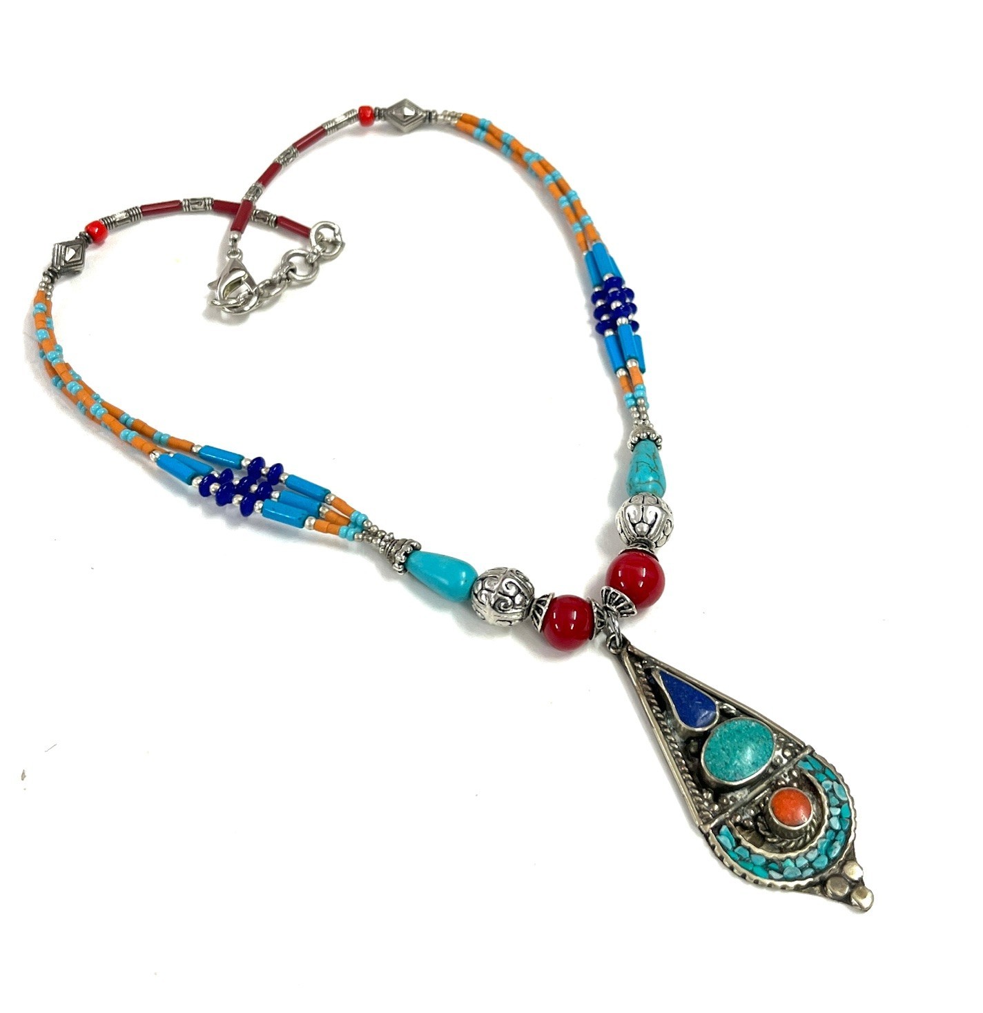 Nepalese Turquoise Coral Gemstone Tibetan Necklace Jewelry, 16 inch Adjus