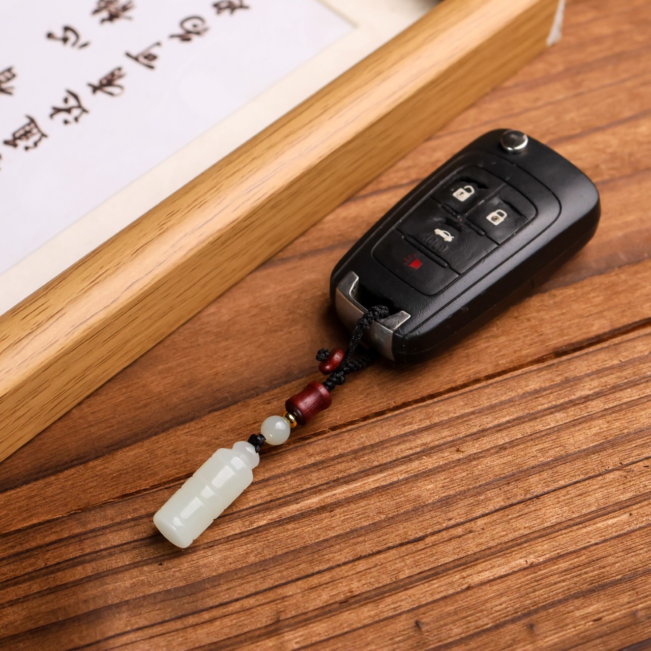 Certifed Natural Hetian jade Green White Carving Bamboo seal Car key pendant