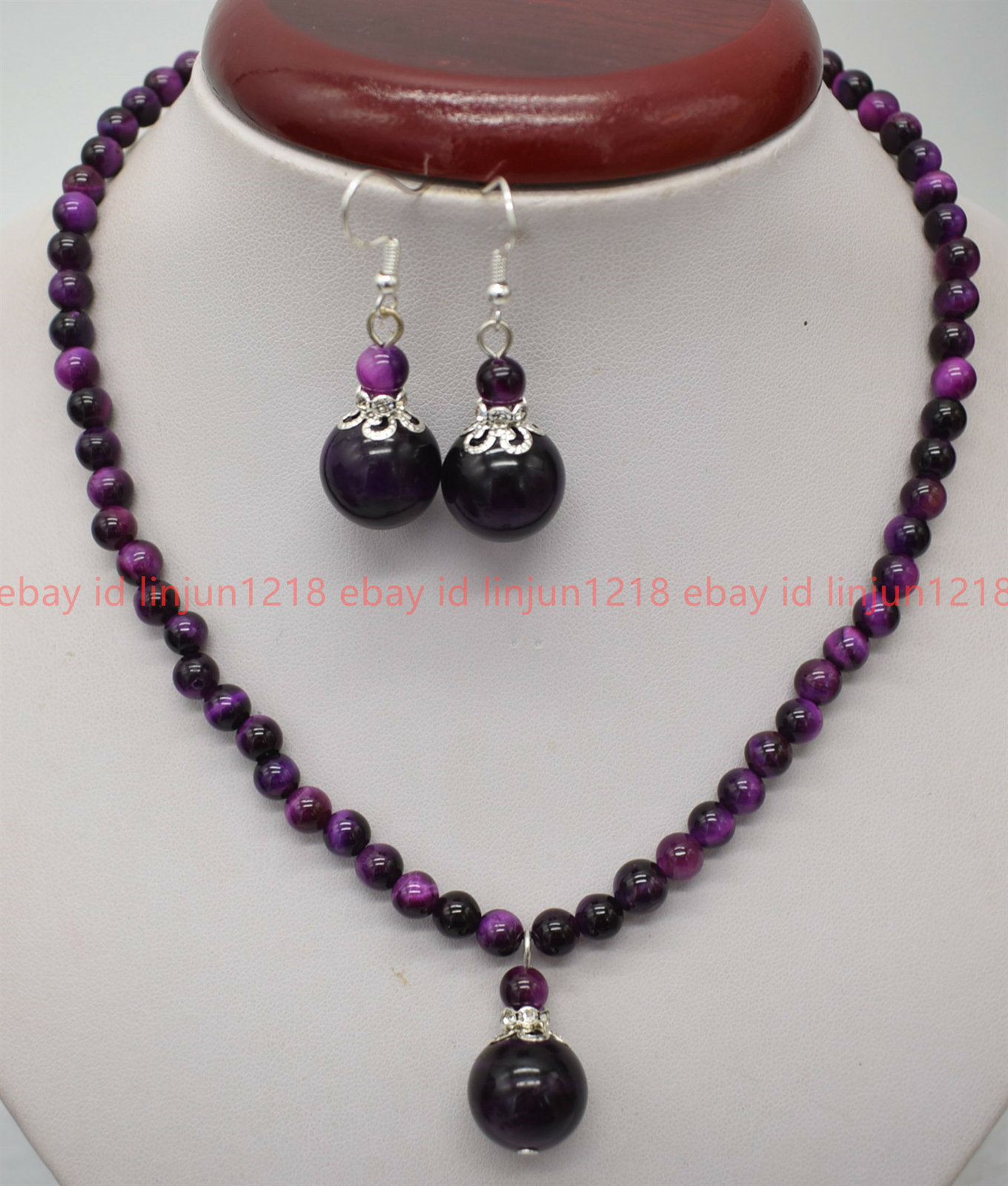 Natural 6mm Purple Tiger’s Eye Gems Beads Round Pendant Necklace Earrings 18″