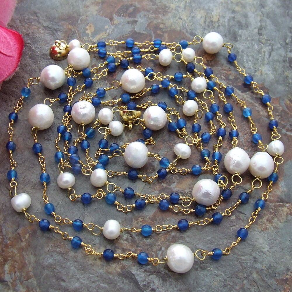 70″ White Keshi Pearl Blue Agate Gold Plated Chain Long Necklace