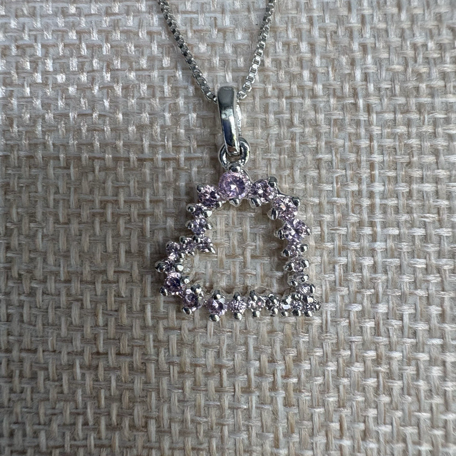 925 Sterling Silver Italy Box Chain Necklace Pink CZ Heart Pendant 18” Excellent