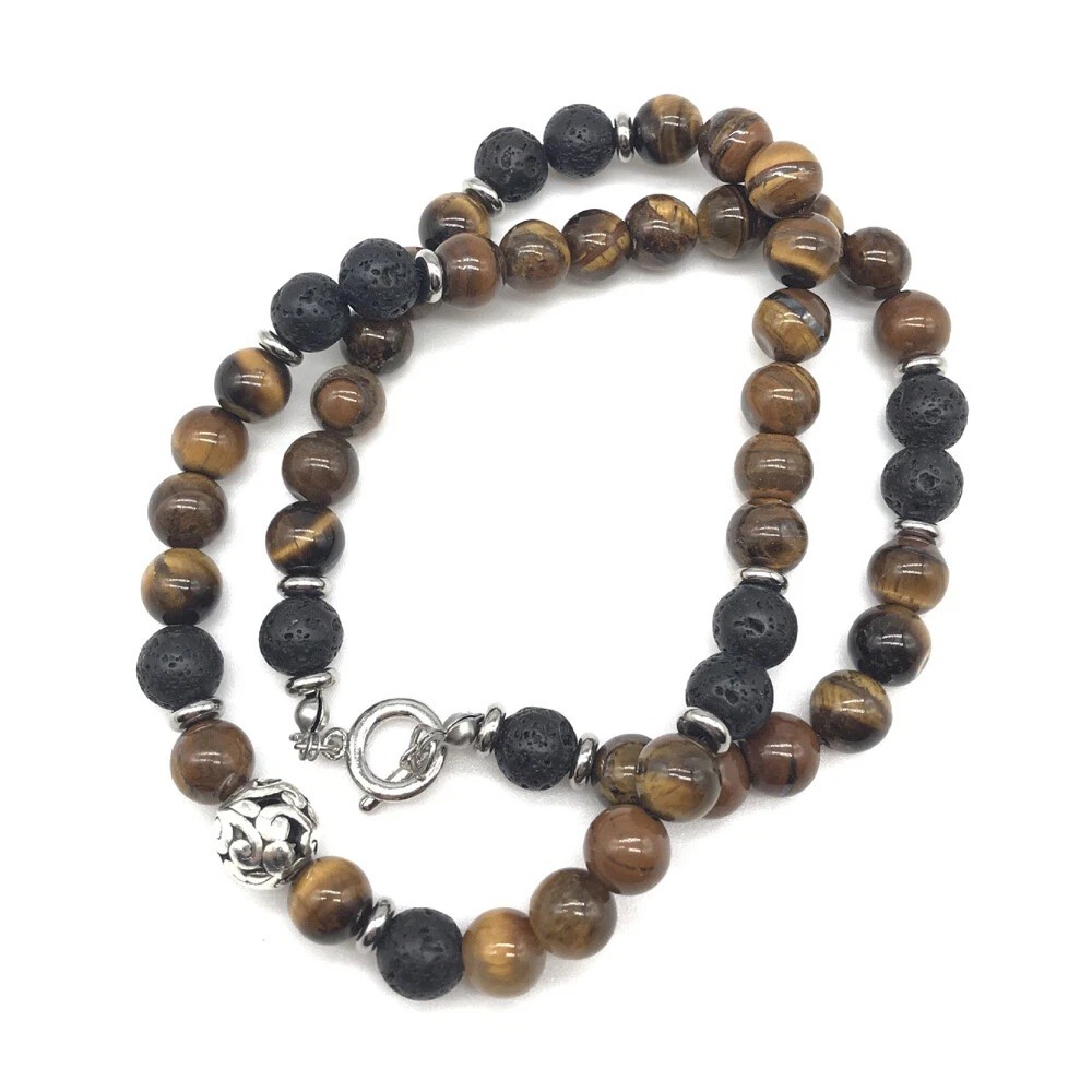 24″ Men’s Tiger Eye Necklace 8mm Natural Lava Beads Stainless Steel Toggle US