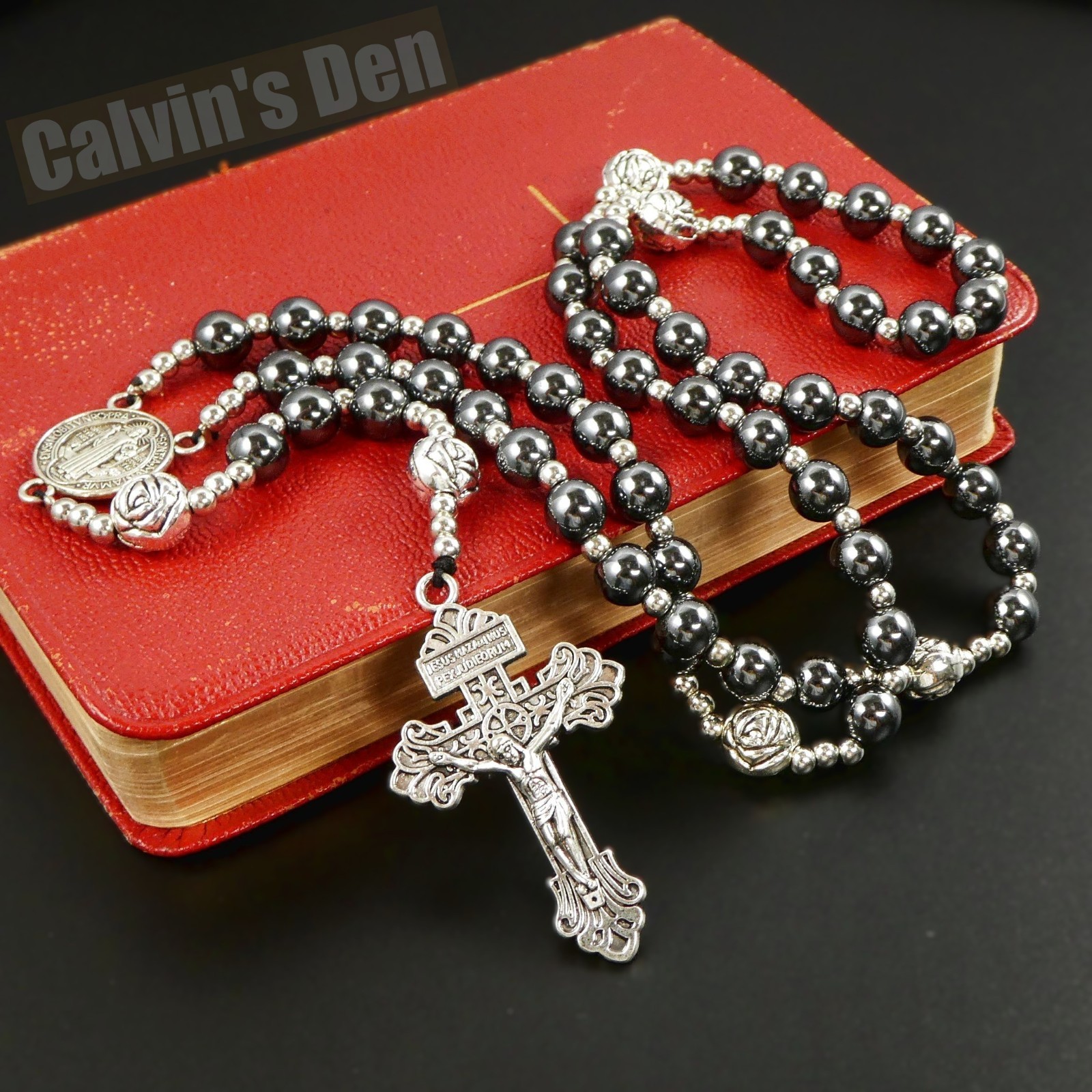 St Benedict Rosary Necklace Black Hematite Bead Five Decade Crucifix Cross Gift