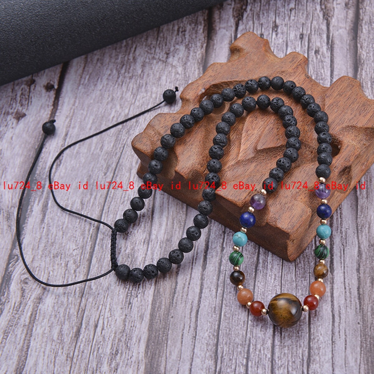 6mm Round Black Lava Rock Gems Braid Rope Adjustable Tigers Eye Pendant Necklace