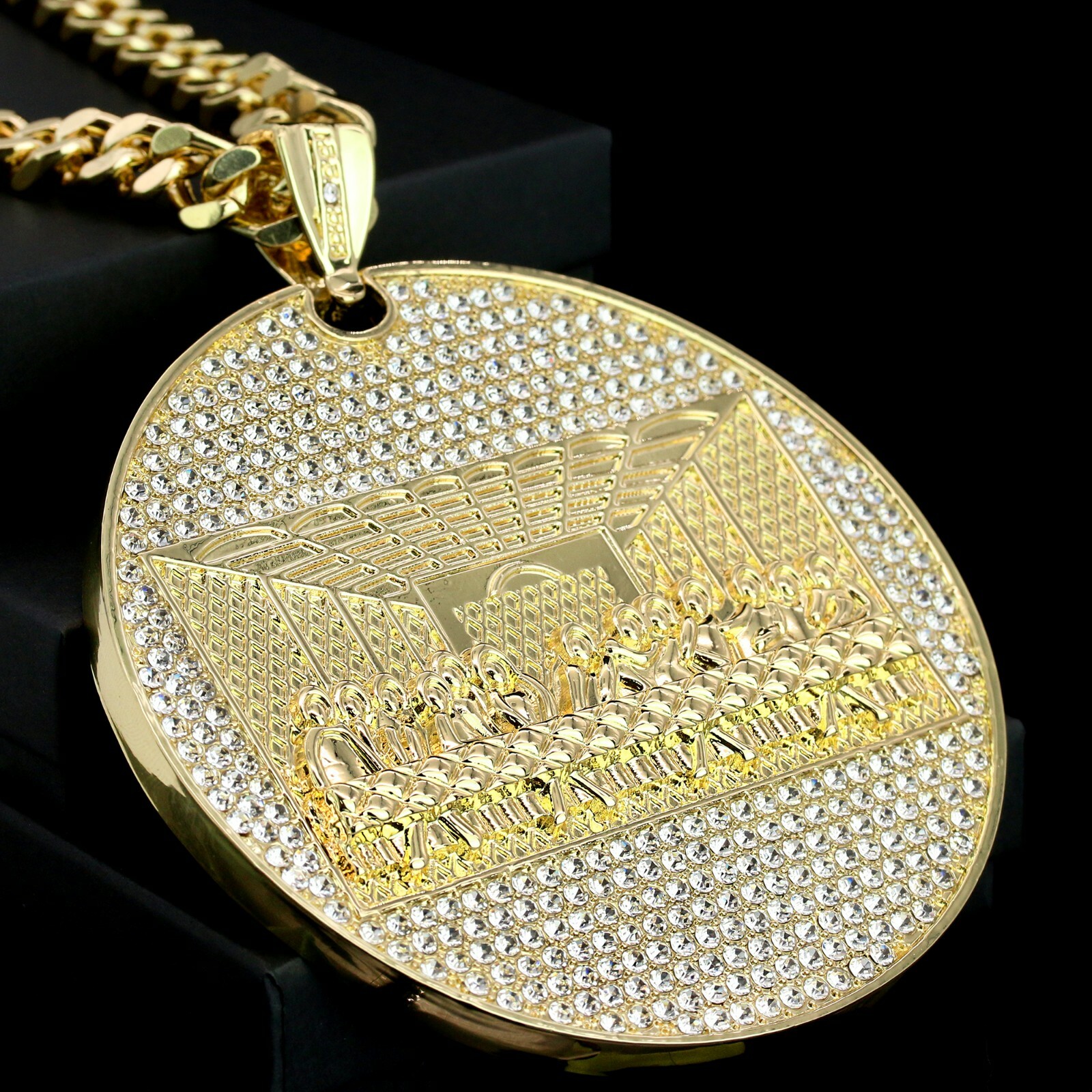 Hip Hop 14k Gold Plated Huge Last Supper Pendant Cubic Zirconia 24″ Cuban Chain
