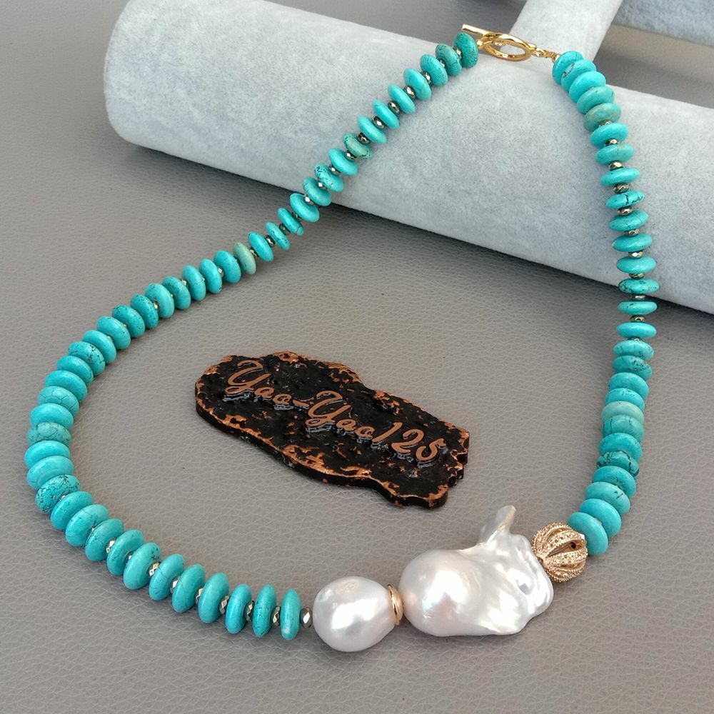 20″ Freshwater Cultured White Keshi Pearl Blue Disc Turquoise Necklace
