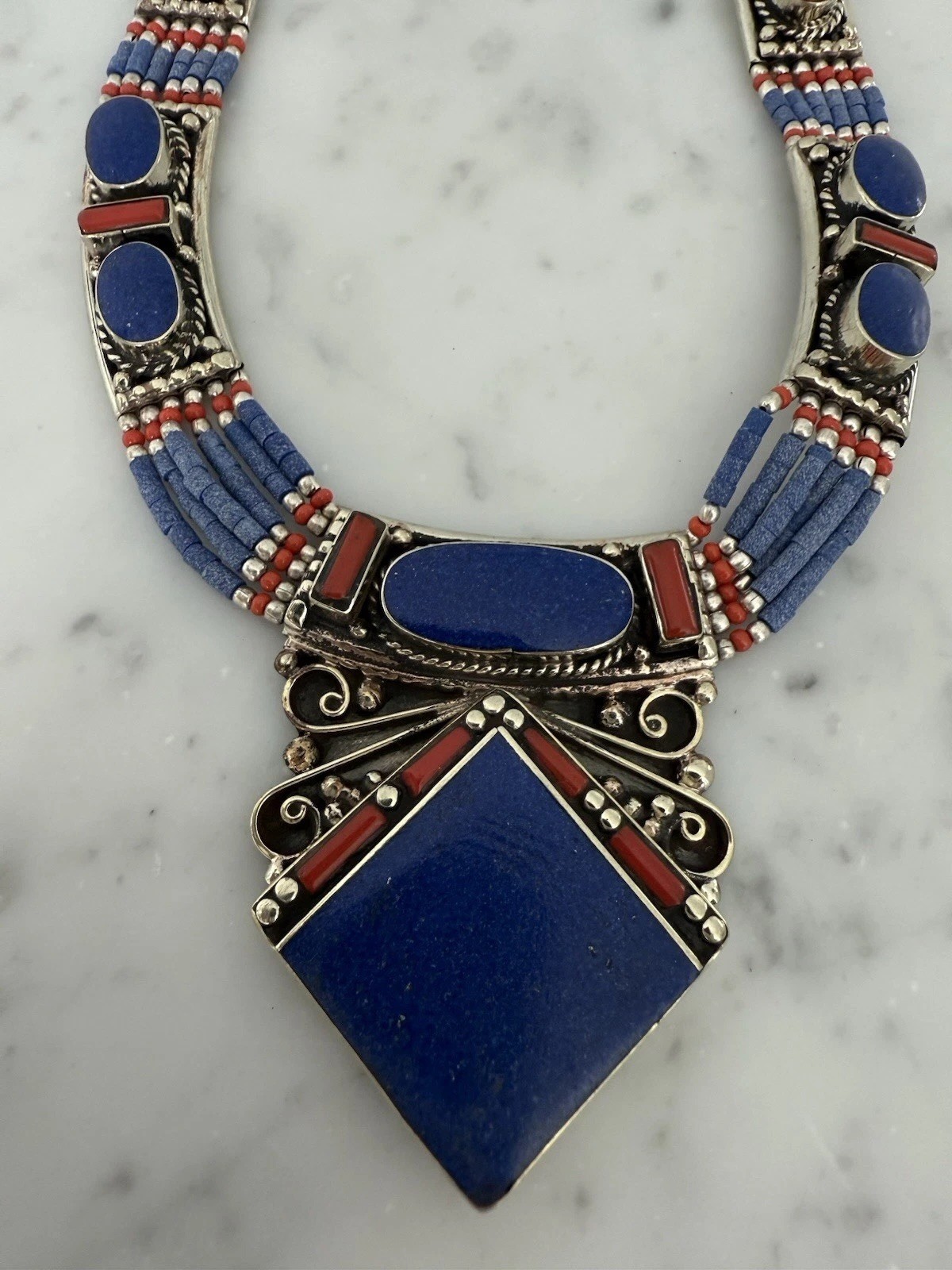 USA Seller Tibetan Style Ornate Tibetan Silver lapis & Coral Necklace