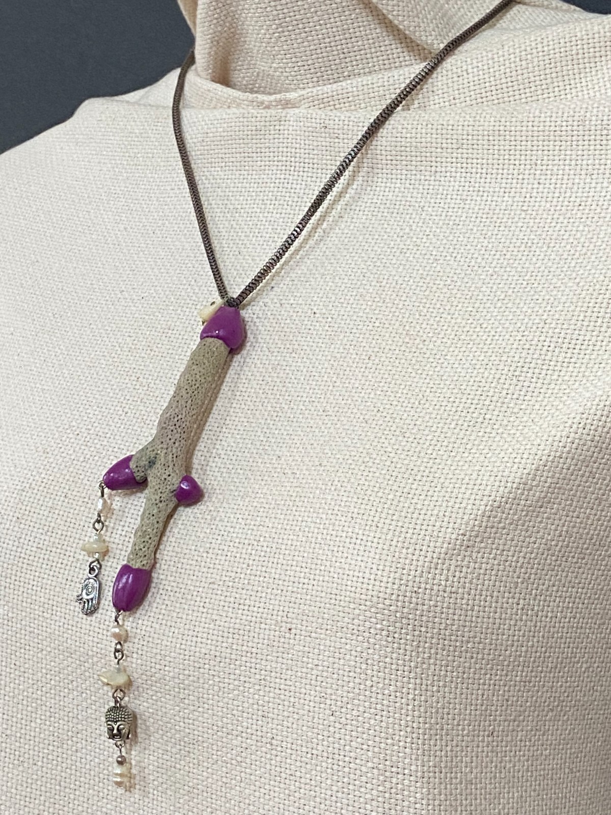 Handcrafted Coral Necklace with Purple Clay Accents and Spiritual Charms