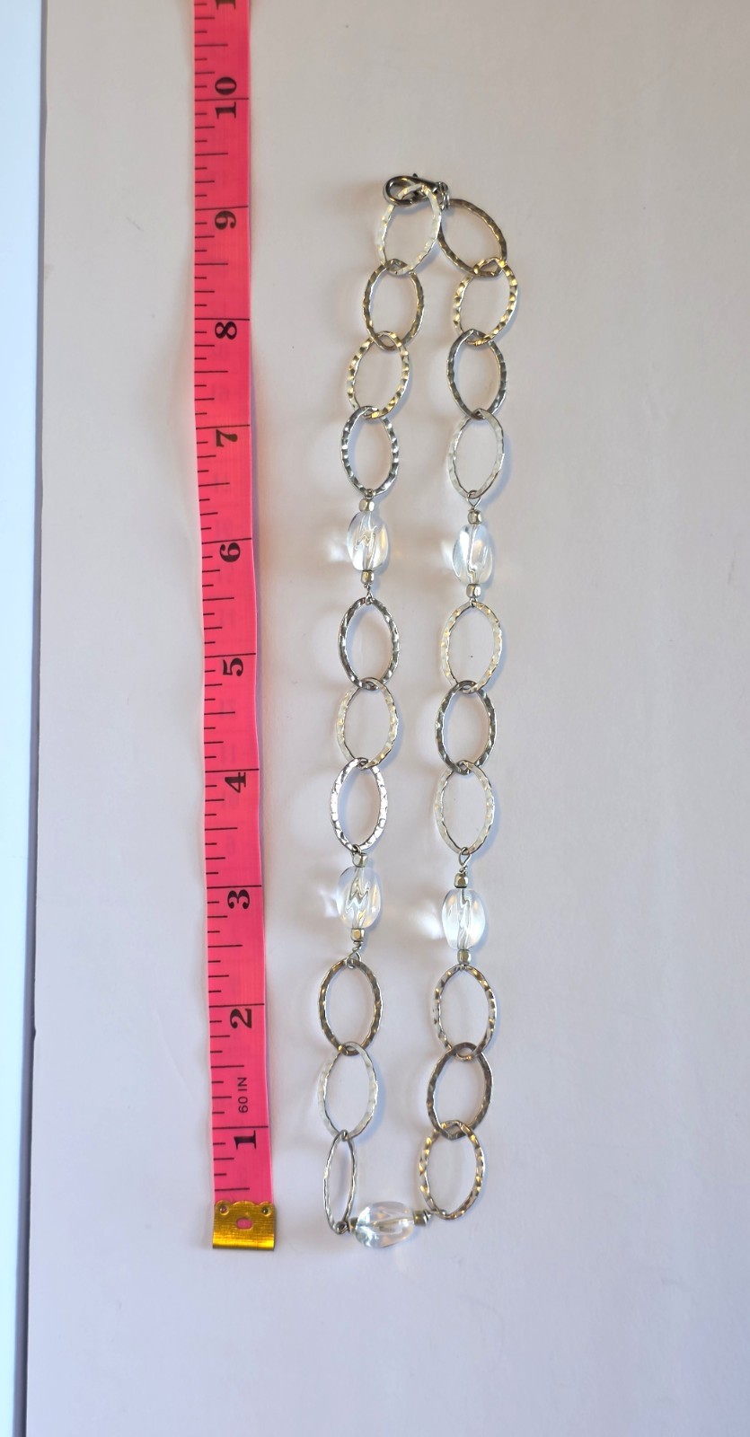 Silver Tone Hammered Oval Link Necklace Clear Beads Modern Minimalist 18″