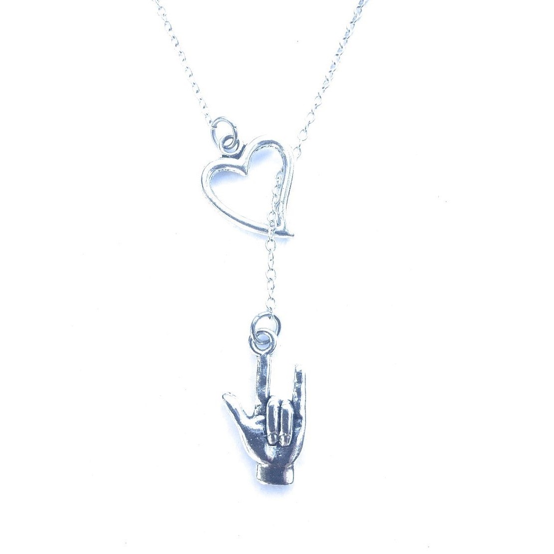 I Love You in “Sign Language” Antique Silver Lariat “Y” Necklace.