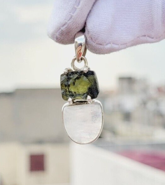 Moldavite & Rainbow Moonstone 925 Silver Pendant Handmade Multi Stones Pendant