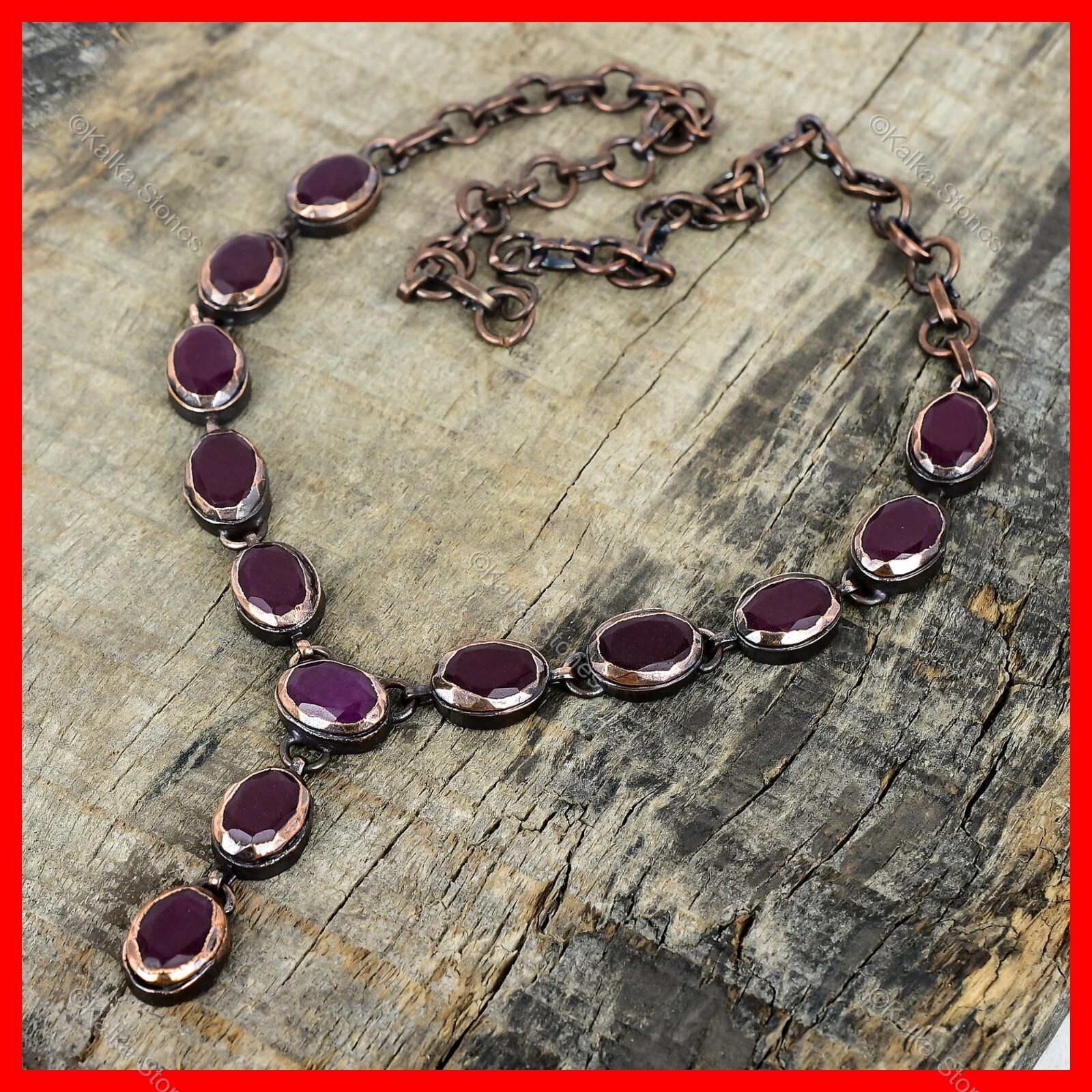 Copper Natural Kashmir Rubi Bezel Chain Electroformed Artisan Necklace Jewelry