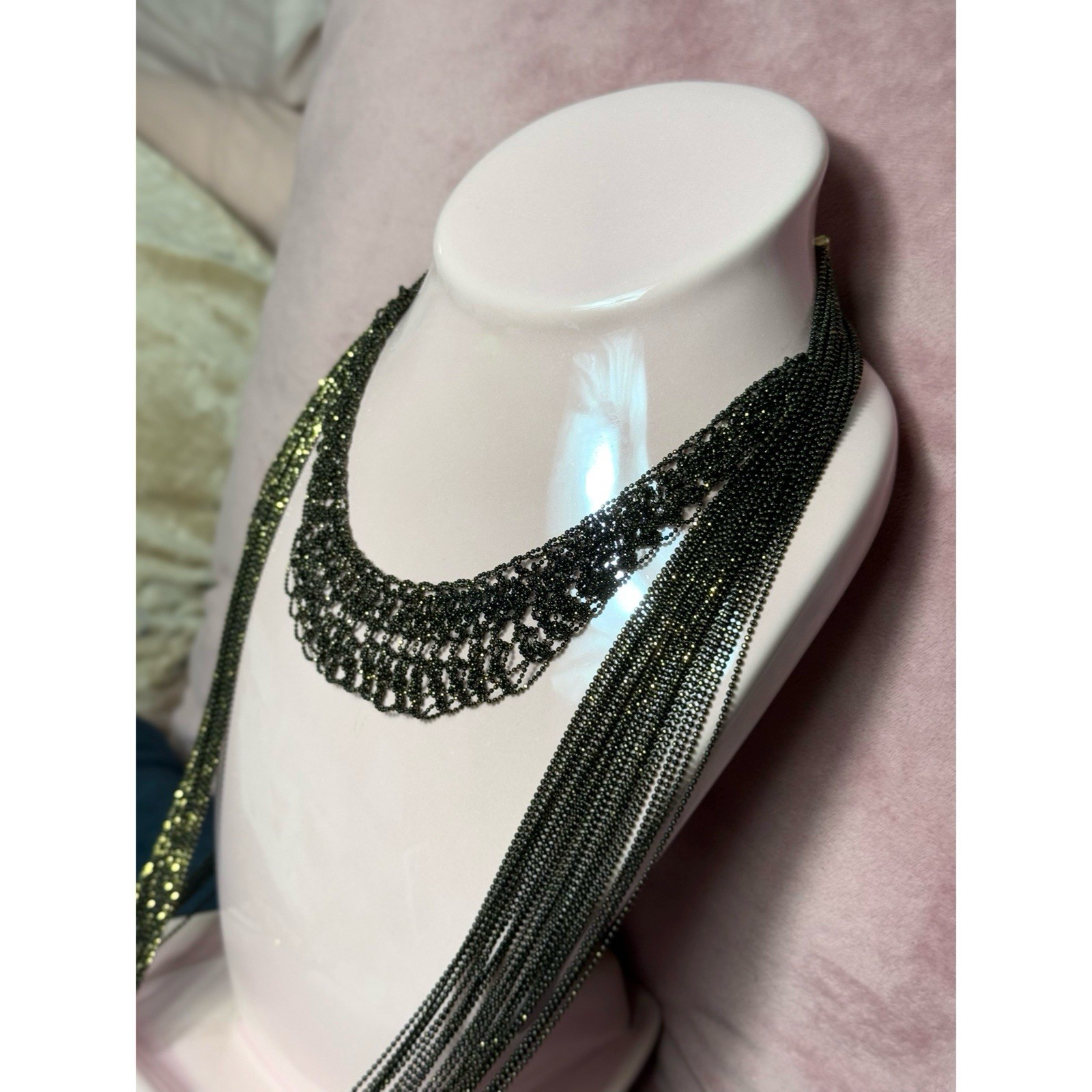 2 Black Brown Multi Layer Statement Chain Necklace Lace Bib Chocker Set Bundle