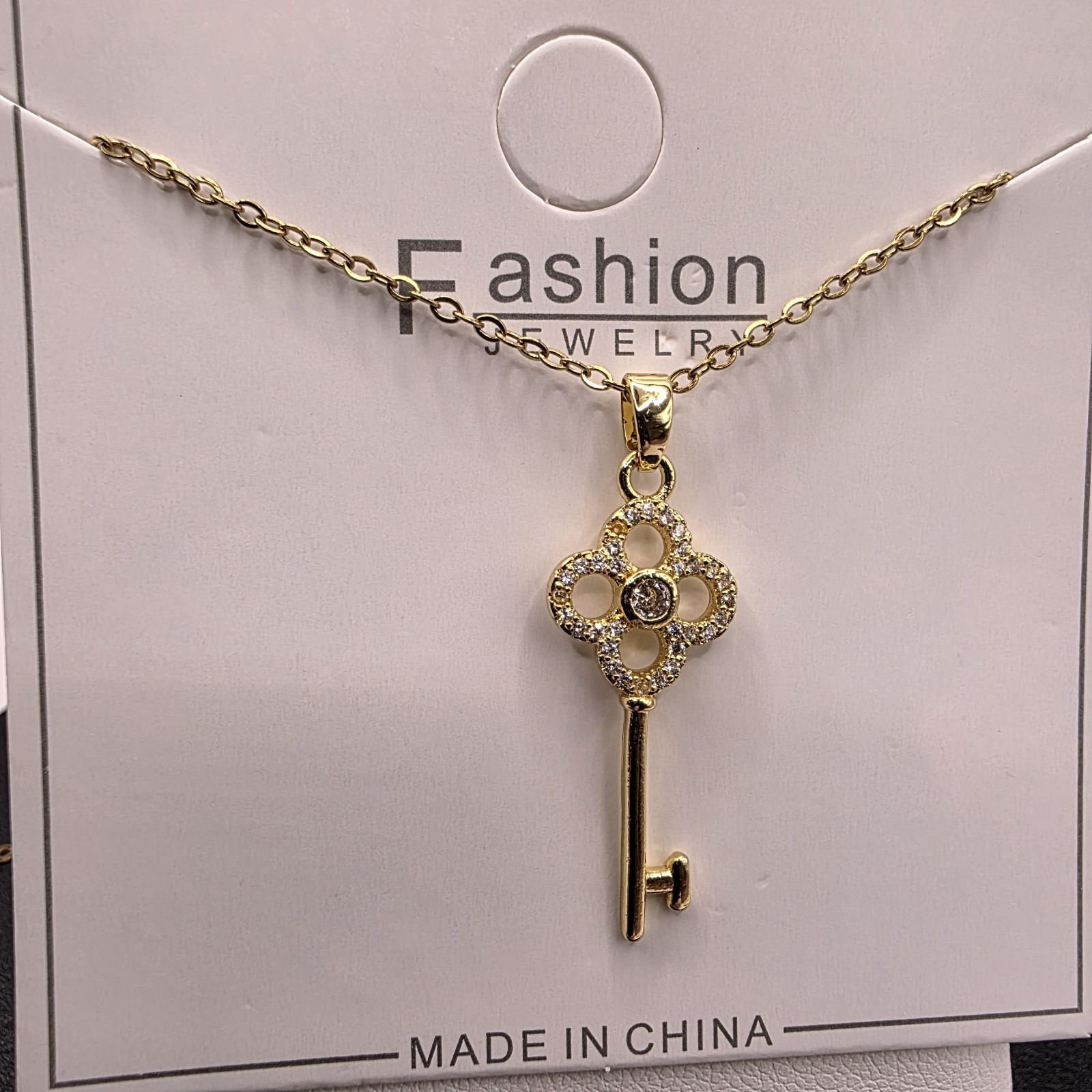 Stainless Steel Copper Plated 16″Necklace w/31mm Cubic Zirconia Key Pendant