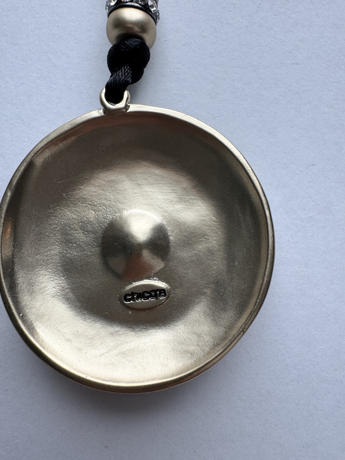 Chico’s Black Cord Pendant Necklace Silver Tone Round Crystal Charm Adjustable