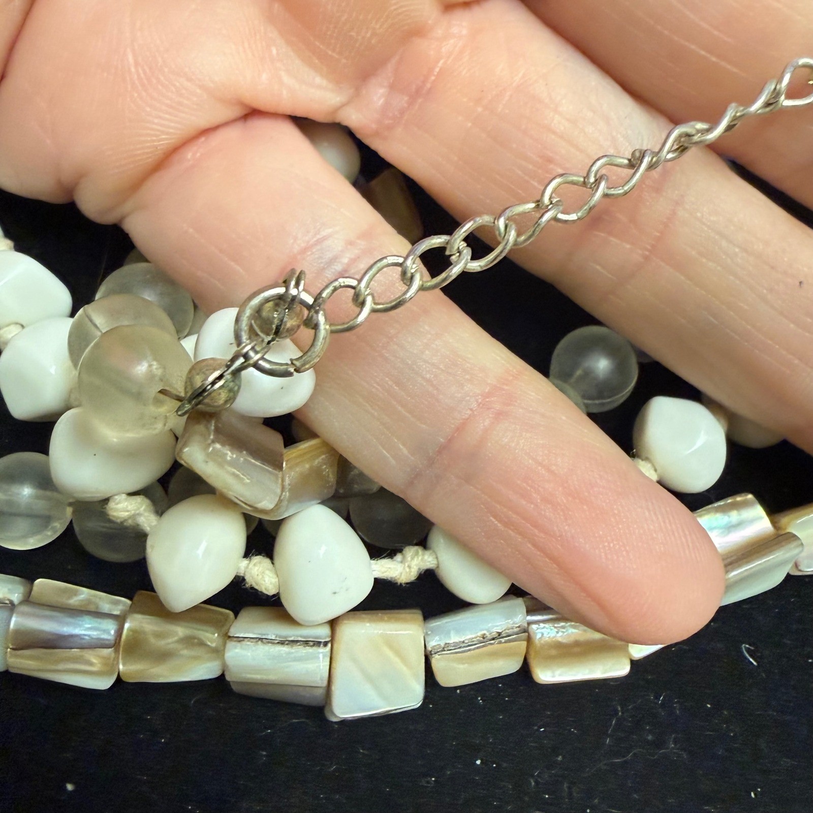 Multi Strand Mother of Pearl Shell and Frosted Bead Layered Necklace Boho