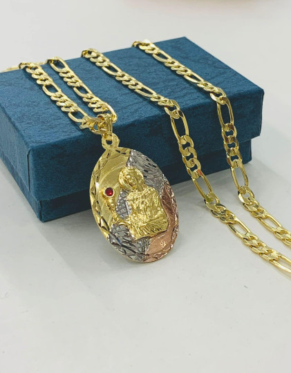 Gold Filled Virgen Maria Pendant/Medallion Necklace Virgin Mary 24″ Figaro Chain