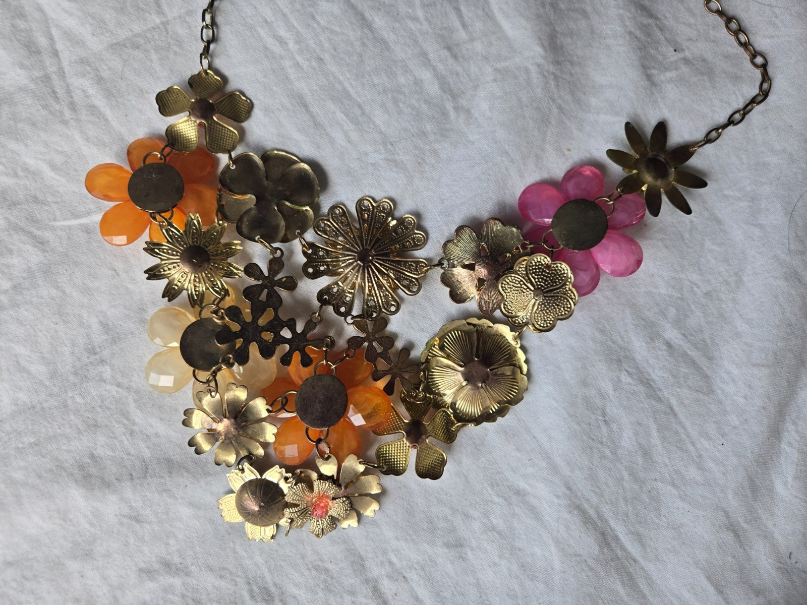 Floral Statement Necklace in Orange , Pink, Grean and Cream with Gold Tones # II